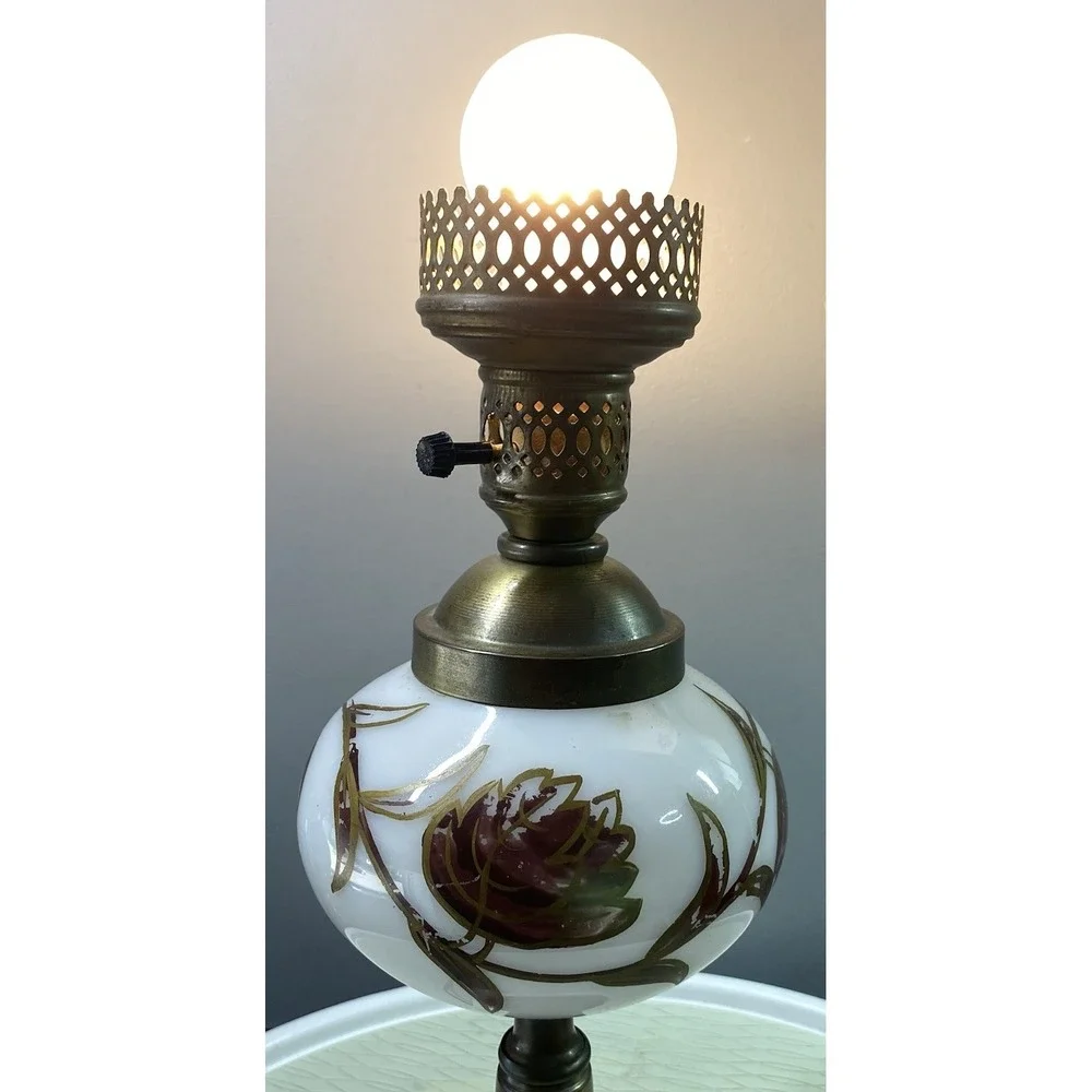 Vintage White Milk Glass&brass Desk Lamp-Hand Painted‎ Floral Marble Base 17